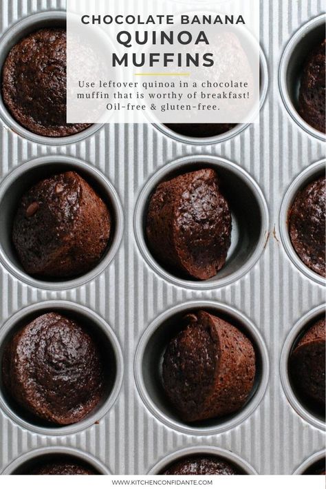 Use leftover quinoa in a Chocolate Banana Quinoa Muffin that is worthy of breakfast! These muffins are oil-free & gluten-free.  #quinoa #muffin #chocolate #banana #glutenfree #kitchenconfidante #recipe Leftover Quinoa Recipes Breakfast, Chocolate Quinoa, Quinoa Dessert, Banana Quinoa Muffins, Quinoa Desserts, Moist Chocolate Chip Muffins, Gluten Free Chocolate Muffins, Homemade Muffins Recipe, Quinoa Recipes Breakfast