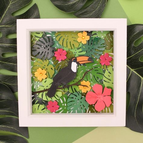 How to Make Intricut Toucan Wall Art Box Frames Ideas, Box Frame Ideas, Memory Box Frame, Framed Initials, Paper Flower Wall Art, Family Box, Box Frame Art, Wedding Memory Box, Beautiful Scrapbook Layouts