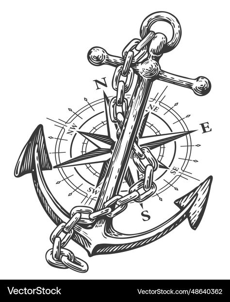 Anker Tattoo Design, Anchor Vector, Wind Tattoo, Anchor With Rope, Navy Tattoos, Painting Lettering, Compass Vector, Sea Sign, Compass Art