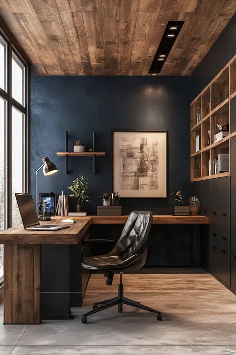 Dark Office Room Ideas, Home Office For Architect, Dark Minimalist Office, Dark Academia Scandinavian Interior, Techy Home Office, Dark Office Ceiling, Cozy Office Interior Design, Office Ideas Moody, Men’s Office Inspiration