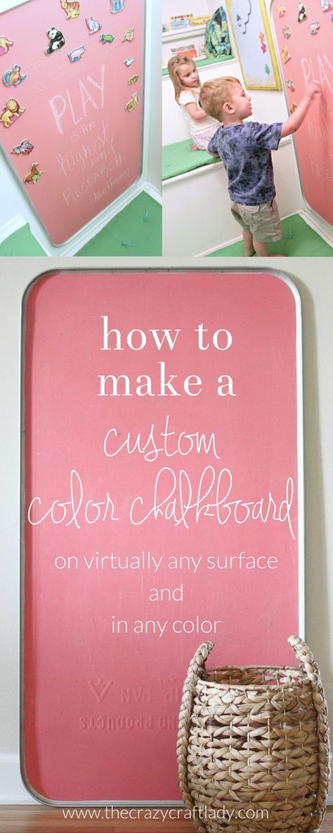 How to make a custom colored chalkboard - turn virtually any surface into a chalkboard in any color Colored Chalkboard Paint, Chalkboard Wall Playroom, Chalkboard Paint Projects, Room For Boys, Chalkboard Crafts, Diy Chalkboard Paint, Painted Tables, Kids Chalkboard, Boys Diy