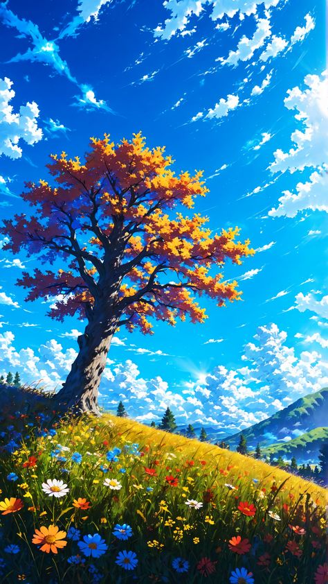 anime wallpaper, wallpaper hd, phone wallpaper, anime aesthetic, flowers field, beautiful clouds, anime landscape, background, studio ghibli, lonely tree, meadow, spring landscape, serene, calm, Anime Aesthetic Flowers, Studio Ghibli Tree, Studio Ghibli Flowers, Background Studio Ghibli, Beautiful Anime Wallpaper, Ghibli Landscape, Landscapes Wallpaper, Anime Landscape, Flowers Field