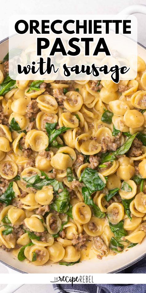 You're just 30 minutes away from this easy orecchiette pasta with sausage! Deliciously creamy and satisfying, this Italian sausage and orecchiette pasta is a perfect comfort food idea. Plus, it's a hearty dinner recipe in just one pot! Sausage Orchetta Pasta, Oriecchete Pasta Recipes, Smoked Italian Sausage Recipes, Orriechete Pasta, Orchetta Pasta With Sausage, Orcchettie Pasta With Sausage, Orchetta Pasta Recipe, Orchetta Pasta Recipes, Orchetta Pasta