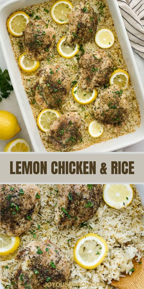 Lemon Chicken and Rice Casserole- easy, healthy and flavorful dinner meal. Fluffy rice, lemon chicken all baked in one casserole. Great for weeknight family dinners or meal prep. #lemon #chicken #rice #onepan #casserole #easydinner #familydinner #mealprep #recipe #joyousapron Lemon Chicken And Rice Recipes, Lemon Garlic Chicken And Rice, Lemon Chicken And Rice, Lemon Chicken And Rice Casserole, Lemon Rice Chicken Bake, Baked Lemon Chicken And Rice, One Pot Lemon Chicken And Rice, One Pan Lemon Pepper Yogurt Chicken And Rice, Lemon Garlic Chicken Thighs