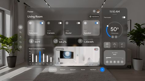 Spatial Design - Smart Home app for VisionOS by Maryam Adegoke on Dribbble Modern Smart Home Interior, Future Technology Gadgets, Landing Zone, Green Aesthetics, Data Visualization Design, Spatial Design, Tech Branding, Smart Home Design, Admin Dashboard