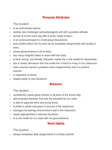 Attributes For Characters, Positive Comments For Students, Preschool Report Card Comments, Remarks For Report Card, Kindergarten Report Cards, Playgroup Activities, Preschool Assessment, Writing Conventions, Positive Attributes