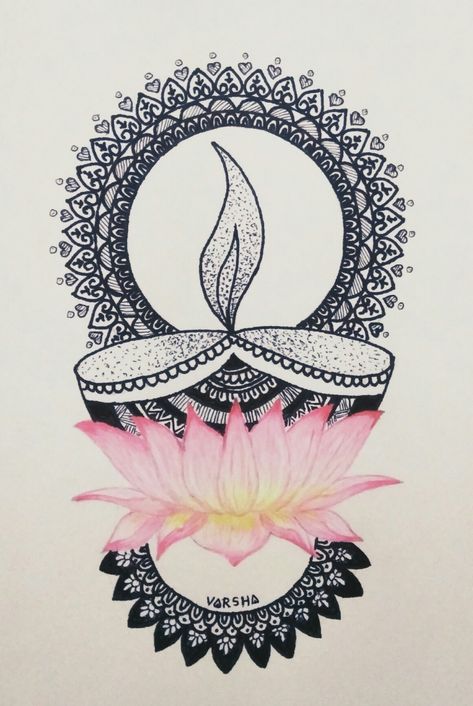 My first mandala drawing with watercolor flower, reference from Doodle H (YT). #mandala #art #diwali #diya #lotus #watercolor #easy #forbeginners #mandalafordiwali Mandala Diwali Drawing, Aesthetic Diwali Drawing Ideas, Mandala Art Lotus Flowers, Diya Drawing For Diwali, Diwali Sketch Ideas, Sketch For Diwali, Diwali Card Drawing, Diwali Zentangle Art, Diwali Drawing Ideas Mandala