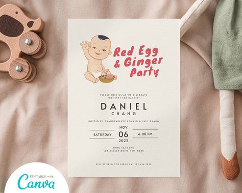 #etsy shop: Red Egg And Ginger Party Invitation Card | DIY Editable Printable with Canva | Asian Chinese Baby Girl Full Moon Party 100 Days Celebration https://etsy.me/3q0az8L #redegggingerparty #partyinvitation #chinesebaby #asianbaby #100dayscelebration #babyshower Baby Full Moon, Asian Wedding Invitations, One Month Baby, Full Moon Party, Moon Party, 100 Day Celebration, Baby Invitations, Baby Birthday Party, Diy Prints