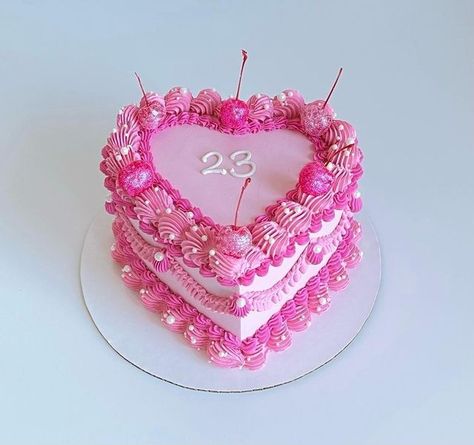 Hot Pink Heart Shaped Cake, 23 Heart Cake, Hot Pink Bday Cake, 30th Birthday Heart Cake, Barbie Heart Cake, Vintage Barbie Cake, Barbie Cake Aesthetic, Pink Heart Shaped Cakes Birthday, Pink Glitter Heart Cake