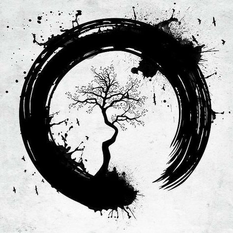 Japanese Circle, America Art, Tree Tattoo, A Circle, White Painting, A Tree, A Black, Paint, Black And White