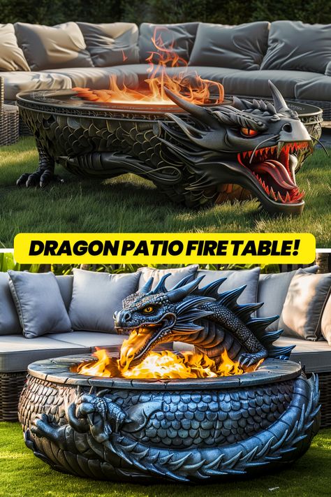 Bring the allure of mythical creatures to your backyard with Dragon-Inspired Patio Fire Tables! 🔥✨ Elevate your outdoor gatherings with these enchanting pieces that blend fantasy and functionality seamlessly. #OutdoorDecor #DragonTables #FirePit #PatioDesign #MythicalLiving #EnchantedGarden Dragon Coffee Table, Dragon Chair Furniture, Dragon Water Fountain, Dragon Fire Pit, Fire Breathing Dragon Lamp, Dragon Table, Dragon Ornament, Fire Tables, Dragon Garden