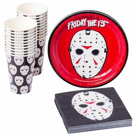 PRICES MAY VARY. FRIDAY THE 13TH: Party packs include plates designed with the famous Jason mask from Friday the 13th on a red background. Napkins and cups include a multi-patterned print of this terrifying mask. 60-COUNT: This ultimate party pack comes with everything you need for your event. It includes 20 cups, 20 napkins and 20 paper plates. SNACKING PLATES: The perfect sized party plates for all your snacking needs. Each plate features the classic blood splattered mask. Also makes for an ea Friday The 13th Party Ideas, Friday The 13th Party, Boo Gift, Mask Paper, Jason Mask, Horror Party, 13th Birthday Parties, 16th Birthday Party, Party Pack