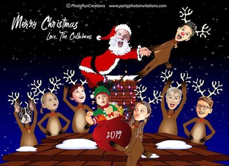 Funny FAMILY PHOTO CHRISTMAS card, Corporate or Family caricature Christmas card, Santa and Reindeers caricature Christmas card, Xmas Photo Photo Ideas Funny, Family Christmas Card Pictures, Rudolph Christmas Card, Funny Easter Cards, Funny Christmas Photo Cards, Christmas Card Photo Ideas, Funny Family Christmas Cards, Funny Family Photos, Company Christmas Cards