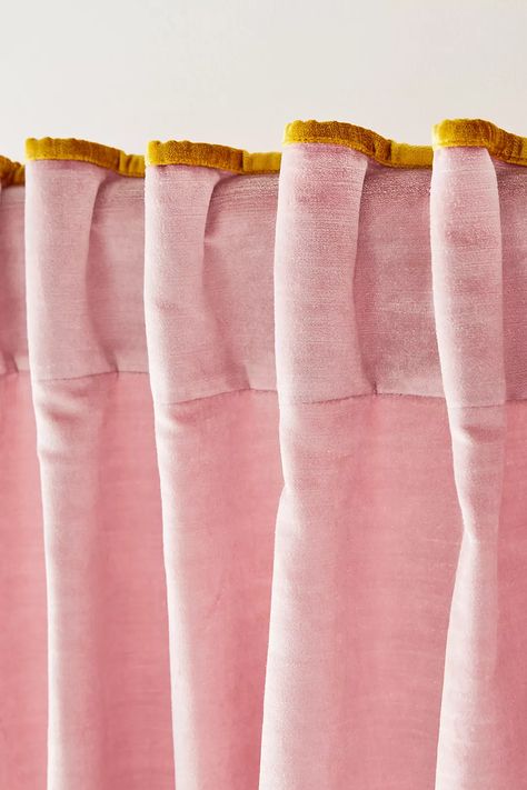 Velvet Curtains With Trim, Rooms With Curtains, Pink Curtains Living Room, Colorful Curtains Living Room, Fun Curtains, Pink Velvet Curtains, Curtains Pink, Velvet Pink, Deco Rose