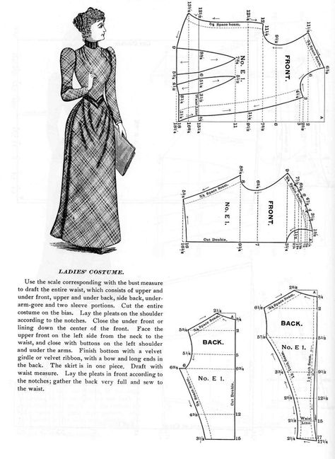 Pattern for an 1890s Woman's Dress with a One Piece Skirt  from 50 Authentic Turn-of-the-Century Fashion Patterns Bodice Pattern Free, 1890s Dress, 1890 Fashion, Victorian Dress Pattern, One Piece Skirt, Historical Patterns, 1890s Fashion, Patron Vintage, Victorian Pattern