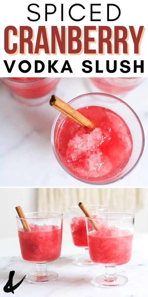 If you're looking for a fun holiday-inspired cocktail idea to serve at parties this season you need to make this frozen Cranberry Vodka Slush! These Christmas cranberry cocktails are perfect for making ahead, ready to serve to guests at your next holiday party! Fun Summer Cocktail Recipes, Vodka Slush Recipe, Vodka Recipes Easy, Cocktail For A Crowd, Vodka Slush, Orange Juice And Vodka, Cranberry Drinks, Slush Recipes, Easy Alcoholic Drinks