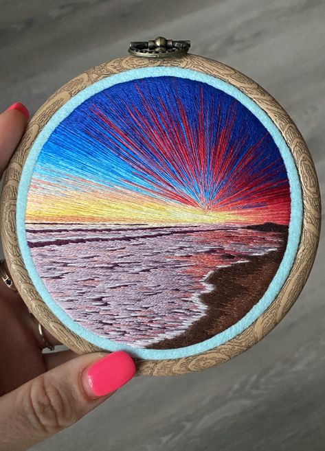 This embroidery is handmade. Embroidered with cotton threads. The embroidery is fixed in a plastic hoop.This work would be perfect to decorate your wall or shelf or to be as a decoration on a table, or cabinet, or as a gift to someone from the family or loved ones.SIZE:The size of the hoop is 4,70 ‘’ (12 cm)The size of the embroidered picture is 3,54 ‘’ (9 cm) in diameter.MATERIALS:Cotton threads Plastic hoopPolyester feltIf you have any questions about my work, please contact me via Inspire Upl Landscape Embroidery, Advanced Embroidery, Textile Art Embroidery, Embroidery Wall Art, Sewing Crafts Tutorials, Embroidered Gifts, Hand Embroidery Projects, Textile Fiber Art, Thread Painting