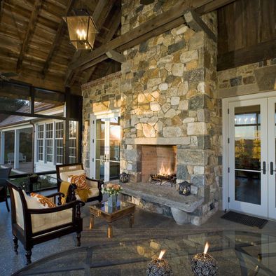 Traditional Double Sided Fireplace enjoyed from living room and patio Traditional Porch, Indoor Outdoor Fireplaces, Gorgeous Fireplaces, Outdoor Fireplace Designs, Double Sided Fireplace, Backyard Fireplace, Rustic Fireplaces, Corner Fireplace, House With Porch