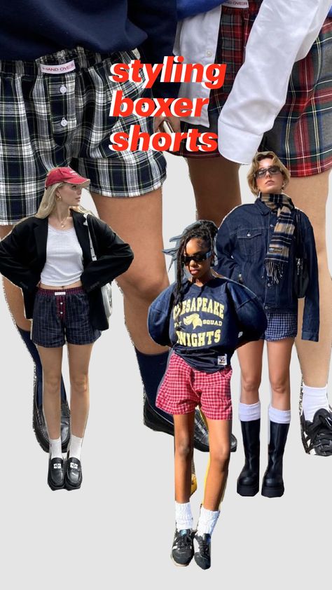 boxer short outfit inspo #fashion #outfitinspo #winterfits How To Style Boxers Women, Boxer Short Outfits Aesthetic, Boxers Shorts Outfit Female, Checked Shorts Outfit, Check Shorts Outfit, Boxer Short Outfits Women, Mens Boxers Outfit Female, Plaid Boxers Outfit Female, Checkered Shorts Outfit