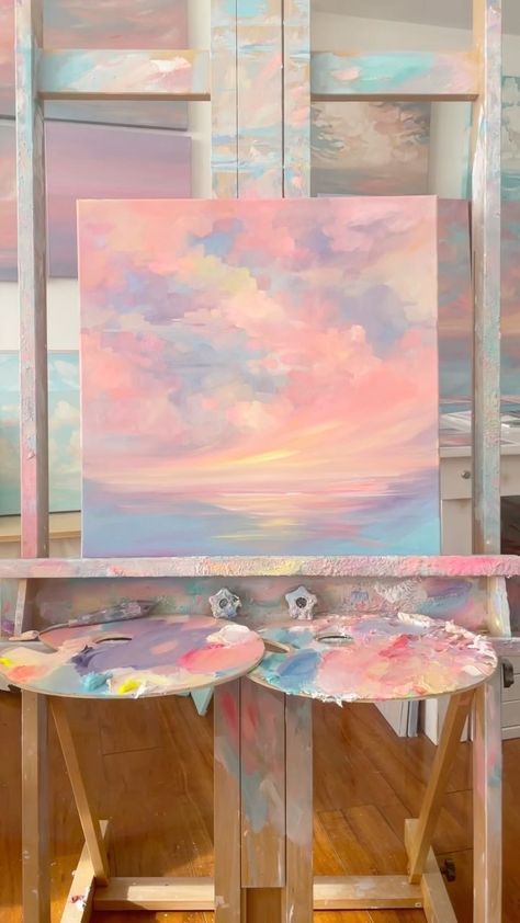 Painting Pastel Aesthetic, Girly Aesthetic Painting, Idea For Painting Art, Cute Art Paintings, Girly Painting Ideas, Paintings To Do, Painting Idea On Canvas, Cute Pink Paintings, Pastel Painting Ideas