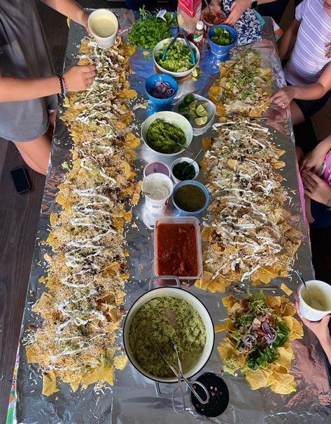 Nacho Table! Nacho Table Party Ideas, Table Nachos, Nacho Table, Verde Enchiladas, Poblano Chili, Green Rice, Queso Dip, Taco Bar, Taco Meat