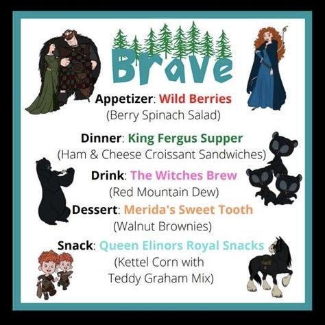 Brave Movie Night, Themes Dinner Nights, Theme Dinners Ideas, Disney Movie Themed Dinner, Disney Meals, Disney Movie Night Menu, Movie Bingo, Theme Dinners, Themed Meals