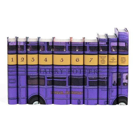 Harry Potter Bus, Jackets Only set from JuniperCustom. Purple London bus stretches across book spines. Book number and titles centered on spines. Purple knight bus book set Harry Potter Bus, Harry Potter Pillows, Harry Potter Gift Ideas, Harry Potter Book Set, Knight Bus, Fantastic Beasts Series, Harry Potter Texts, The Cursed Child, Harry Potter Print