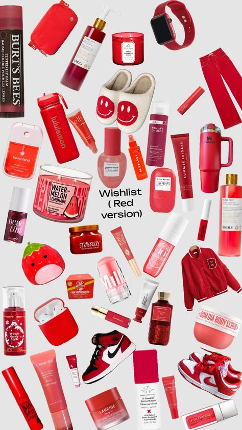 Red wishlist! Red Makeup Products, Red Items White Background, Red Skincare Aesthetic, Red Wishlist, Red Skincare Products, Affordable Red Winter Beanie, Christmas Wishlist, Makeup Skin Care, Skin Makeup