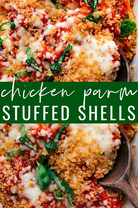 Stuffed Shells Chicken Parmesan, Chicken Parm Stuffed Manicotti, Chicken Parm Shells, Stuffed Chicken Parmesan Recipe, Chicken Parm Freezer Meal, Chicken Parmesan Stuffed Shells, Chicken Parm Stuffed Peppers, Chicken Parm Stuffed Shells, Marry Me Chicken Stuffed Shells