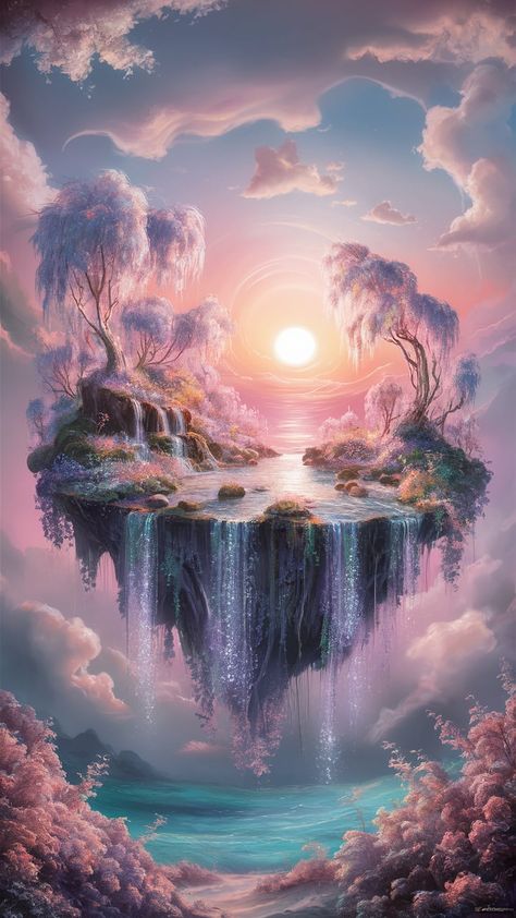 Immerse yourself in a serene, vibrant landscape with our floating island wallpaper. This enchanting scene features cascading waterfalls, iridescent trees, and a sky painted in dreamy hues of pink and lavender. Perfect for nature lovers and fantasy fans, this wallpaper transforms your space into an otherworldly escape. Ideal for digital devices or home decor. #FloatingIsland #Wallpaper #NatureArt #FantasyDecor Surreal Sunset, Whimsical Clouds, Waterfall Background, Pink Island, Dreamy Sunset, Waterfall Wallpaper, Island Wallpaper, Mobile Backgrounds, Floating Island