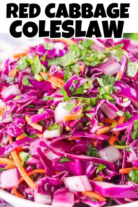 This Red Cabbage Coleslaw is a fresh and tangy side perfect for a picnic! This classic dish is made with crisp red cabbage, fresh herbs, carrots, and aromatic onions. It's super simple to prepare and perfect for any time of the year. Swap out the oil with mayo for a creamy twist! Cabbage Coleslaw Recipe, Red Cabbage Slaw Recipes, Red Cabbage Coleslaw, Cabbage Coleslaw, Red Cabbage Slaw, Cabbage Salad Recipes, Pulled Pork Leftovers, Healthy Side Dish, Beet Recipes