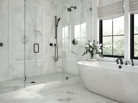 Timeless designs that can last forever and add personality and flair to any tile project Elida Ceramica Saharra Sky 12-in x 12-in Matte Porcelain Hexagon Marble Look Floor and Wall Tile (0.968-sq. ft/ Piece) | LWSSMMSSKHMM Tile Bathroom Walls, Marble Tile Shower, Bathroom Floor Tile Patterns, Bath Pics, Marble Shower Tile, Bath Redo, Timeless Bathroom, Master Bath Remodel, Marble Wood