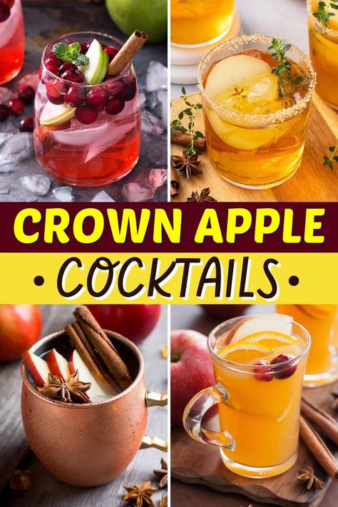 These Crown Apple cocktails are fit for a king! From appletinis to Moscow mules, each drink recipe is such a treat. Crown Apple Mule Recipe, Cocktails With Crown Apple, Spiced Apple Cocktail, Crown Cocktails Recipe, Crown Apple Cocktails, Crown Apple Cider, Drinks With Crown Apple, Crown Apple Mixed Drinks, Crown Apple Drinks