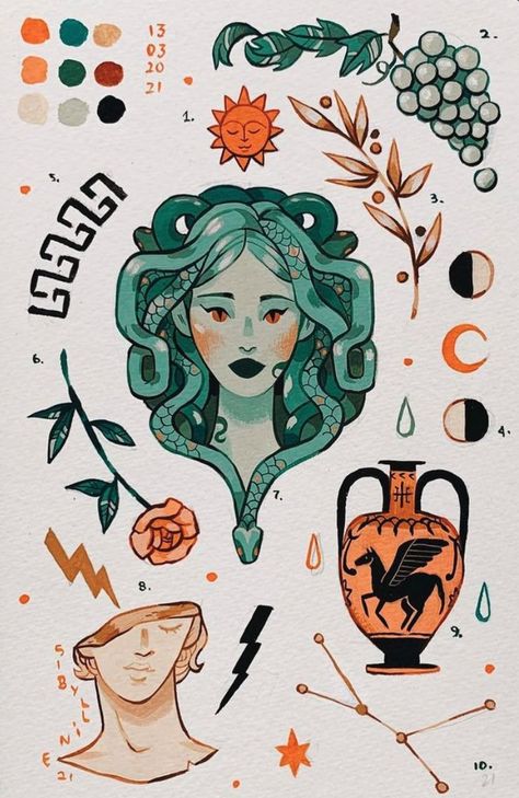 Mythology Doodles, 2025 Bujo, Sibylline Meynet, Greece Vibes, Medusa Drawing, Mixed Media Sketchbook, Acryla Gouache, Medusa Art, Paper Collages