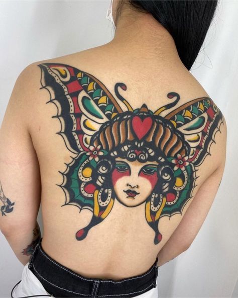 Butterfly Lady Tattoo, Butterfly Tattoo Traditional, American Traditional Butterfly, Bert Grimm, Traditional Butterfly Tattoo, Traditional Butterfly, Butterfly Lady, Lady Tattoo, Backpiece Tattoo