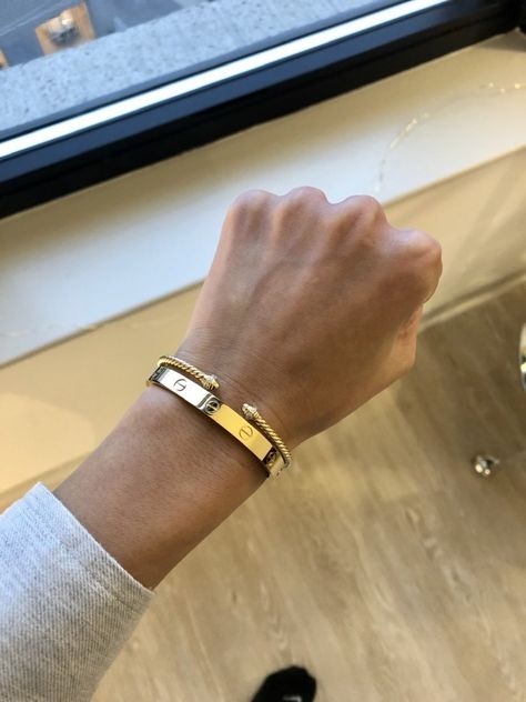 Stacking the love bracelet. | Page 29 - PurseForum David Yurman Stack, Bracelet Hacks, Cartier Mens Bracelet, David Yurman Bracelet, Alternate Universe, Mens Gold Bracelets, Gold Chains For Men, Love Bracelet, Bridal Gold Jewellery Designs