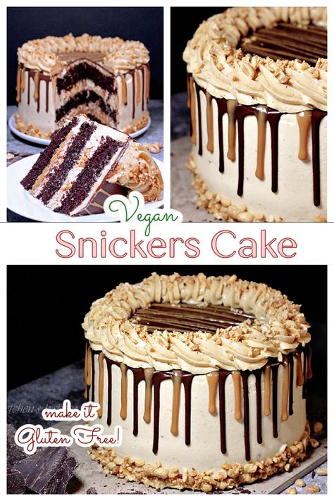 Vegan Snickers Cake Vegan Snickers Cake, Cake Batter Recipes, Vegan Snickers, Peanut Butter Buttercream, Snickers Cake, Snickers Candy Bar, Snickers Candy, Dessert Vegan, Vegan Baking Recipes