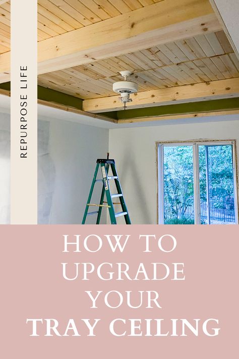 Looking for ideas to turn your tray ceiling into a focal point? By simply adding beams and carsiding, you can change the look of an entire bedroom, family room, kitchen, etc. Check out this post for a full DIY tutorial on how to turn your tray ceiling into a statement. Tray Ceiling Makeover, Trayed Ceiling Ideas, Living Room Tray Ceiling, Tray Ceiling Ideas Bedroom, Kitchen With Beams, Plank Ceilings, Tray Ceiling Ideas, Modern Teen Bedrooms, Ceiling Pop