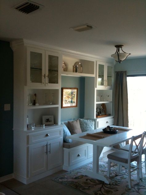 I built these cabinets and banquette to create some much needed storage and only used 16" of space along this wall.  The rectangular table seats 6 and uses less floor space than the small round dinette. Built In Booth Kitchen Small Dining, Storage Small Dining Room, Bench With Cabinets Built Ins, Kitchen Bench Seating Between Cabinets, Built In Kitchen Banquets, Banquette Seating Between Cabinets, Built In Kitchen Seating With Storage, Dining Room Built In Cabinets With Bench, Small Banquette Seating In Kitchen Storage