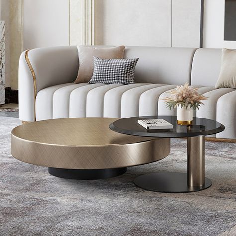 Everly Quinn Bonapart Round Coffee Table Set with Storage, Lift-Top Coffee Tables | Wayfair Gold Cocktail Table, Round Nesting Coffee Tables, Stainless Steel Coffee Table, Bronze Coffee Table, Glass Top Side Table, Steel Coffee Table, Nest Design, Furniture Design Living Room, Gold Coffee Table