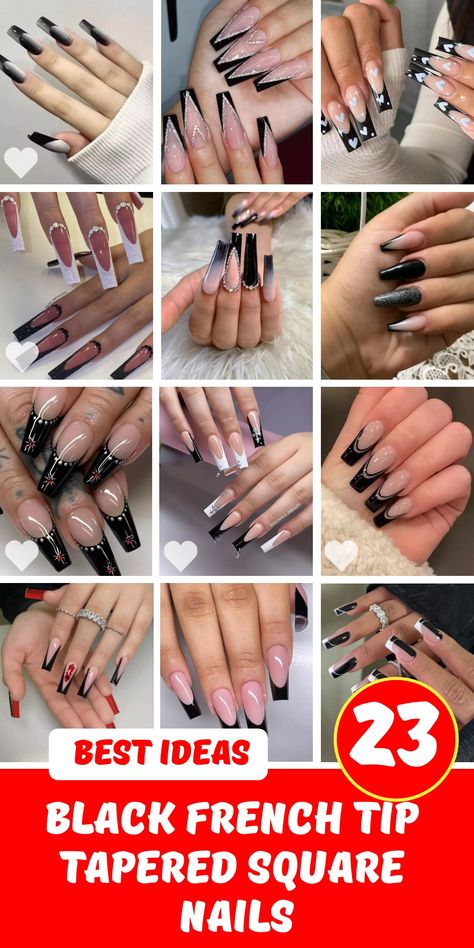 Explore the ultimate guide to 23 stylish black french tip tapered square nails that are sure to elevate your manicure game. Whether you prefer long or short nails, there`s a design for everyone. From simple tapered styles to medium length acrylics, these nails incorporate stunning elements like hot pink accents, glitter, and chrome finishes. Add a touch of elegance with rhinestones or keep it chic with pink and white combinations. Perfect for any occasion, these black french tip tapered square n French Tip Tapered Square Nails, French Tip Tapered Square, French Tip Long, Stylish Manicure, Black French Tip, Chic Manicure, Elegant Manicure, Long Square Nails, Black French Tips