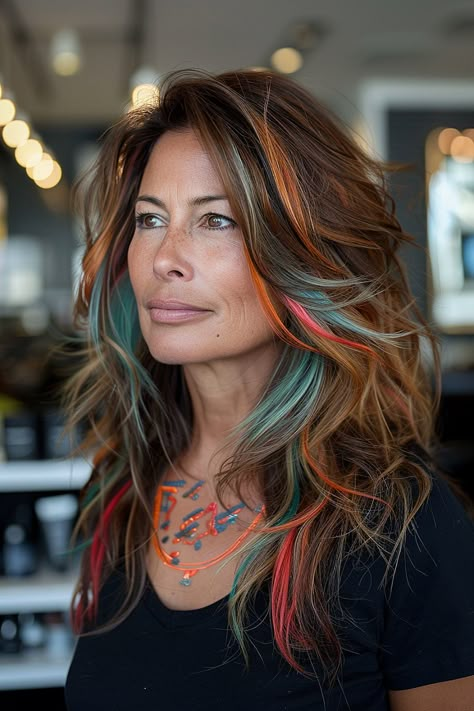 Must-Try Shag Haircuts and Hairstyles in 2024 Shag Color Ideas, Shag Haircut Vivid Color, Fun Hair Colors That Are Professional, Funky Long Haircuts, Colorful Shag Hair, Punk Shag Haircut, Shag Mullet Hairstyles, Color Block Shag, Vivid Money Piece Hair