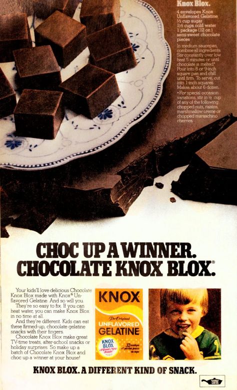 Chocolate Knox Blox: Get the retro recipe for these gelatin dessert squares - Click Americana Knox Gelatin Recipes, Knox Blox Recipe, 70s Recipes, Scrumdiddlyumptious Recipes, No Sugar Snacks, Dessert Squares, Gelatin Recipes, Healthy Eating Snacks, Gelatin Dessert