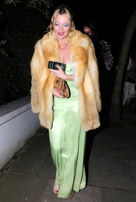 At a party in a vintage dress and fur coat in 2010.  -Cosmopolitan.com Kate Moss Style, Green Silk Dresses, Sage Green Dress, Green Gown, Fashion Articles, Style Crush, Fur Fashion, Kate Moss, Look Cool