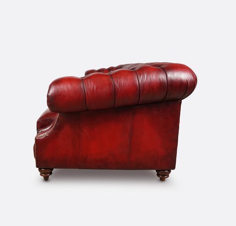 Side view of the hand stained red leather Langston Chesterfield.  The dimension and instant vintage patina is meticulously and artfully applied.  An heirloom for the future. Sofa Side View, British Drawing, Drawing Rooms, Sofa Sectional, Red Sofa, Chesterfield Chair, Chesterfield Sofa, Mans World, Meeting Room