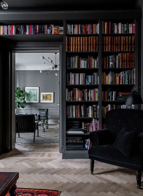 Dark Grey Library, Panelled Library Room, Built In Library Wall Modern, Library Wall Dining Room, Mens Library Study, Build In Library Bookshelves, Library Wall Bedroom, Easy Home Library, Home Library Black Shelves