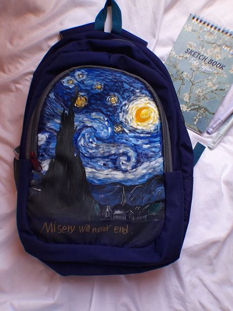 My painting on the bucket Van Gogh Backpack Painting, Van Gogh Aesthetic, Painting Backpack, Painting Flowers Tutorial, Painted Clothes Diy, Starry Night Painting, Vincent Van Gogh Art, Arte Van Gogh, Collage Phone Case