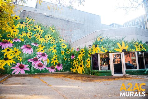 Ouizi (Louise Jones) | A2AC Murals | The Ann Arbor Art CenterAnn Arbor Art Center Louise Jones, Garden Fence Art, Garden Mural, Flower Mural, School Painting, Large Scale Floral, Fence Art, Fence Paint, Outdoor Paint