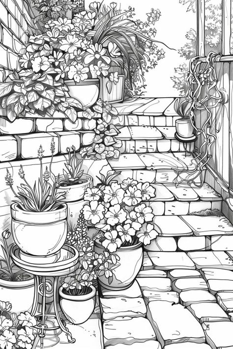 Small Cozy Terraced Garden with Flowers Color Colouring Pages For Adults Flowers, Fill In Drawings, Adult Coloring Books Printables Free, Coloring Pages Plants, Plants Coloring Pages, Flower Colouring Pages, Garden Sketch, Garden With Flowers, Terraced Garden