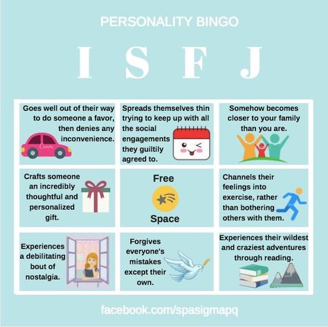 ISFJ Bingo Isfj Bingo, Isfj Things, Isfj T, Esfj-t Personality, Isfj Memes Funny, Free Personality Test, Isfj Personality, Personality Chart, Test For Kids